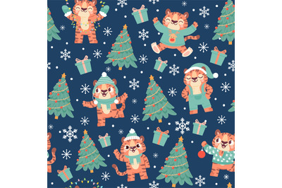 Christmas tiger seamless pattern. Cute cartoon tigers in santa hat wit