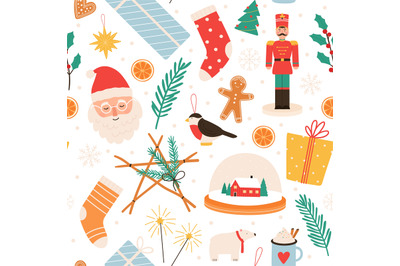 Christmas seamless pattern. Merry winter holidays and Happy New Year w