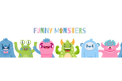 Halloween monsters banner. Happy monster party with cute characters. C