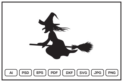 Silhouette of witch riding flying broom design illustration