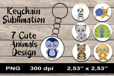 7 Cute Animals Keychain Sublimation PNG Designs.