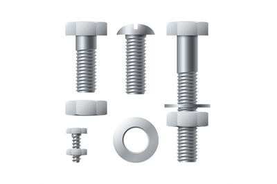 Metal screws. Stainless realistic bolts with tightened nuts, iron thre