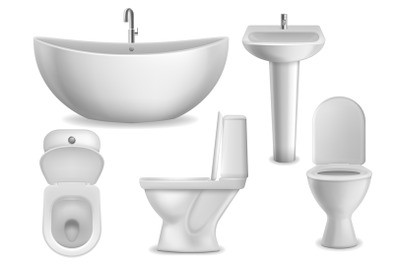 Bathroom realistic objects. White bathtub, toilet seat and washbasin w