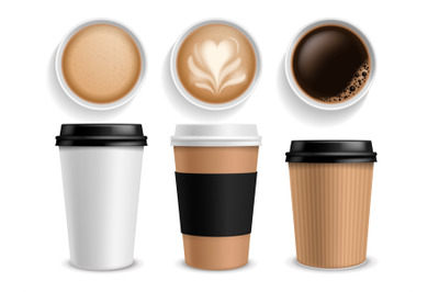 Coffee cup. Takeaway paper cups side and top view espresso and latte o