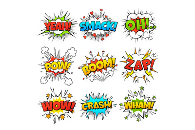 Funny comic words in speech bubble frames. Wow oh bang and zap thinkin