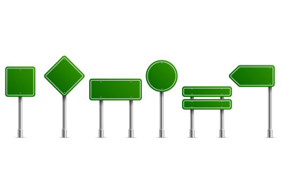 Road signs green. Square round and horizontal city signboard collectio