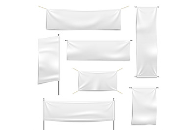 Textile advertising banners. White empty hanging banner collection, re