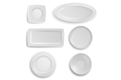 White plates set. Clean realistic ceramic porcelain tableware differen