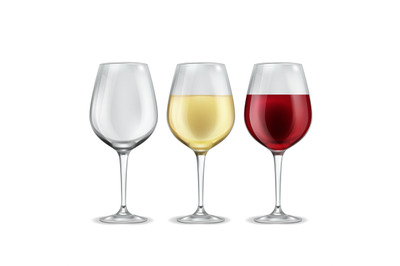 Wine glass. Empty with red or white grape beverage glasses, half fille