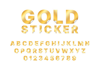 Sticker gold font. Paper golden alphabet curl corners, peel off elemen