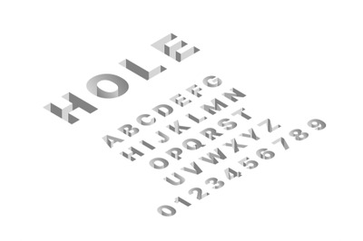 Isometric hole font. 3d latin gray letters and numbers, abc signs tech