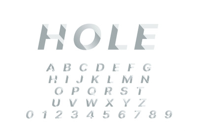 Hole font. 3d deep shadowed typography design, push deepening alphabet