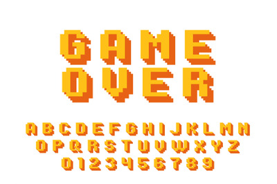 Pixel game font. 8 bit graphic 80s english language, retro square alph