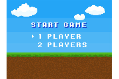 Pixel start game. 8 bit control menu screen, retro digital gameplay te