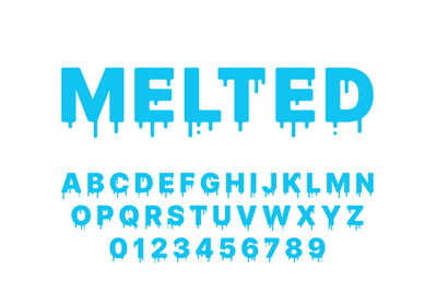 Melting font. Blue liquid, flowing english alphabet with drops and dri