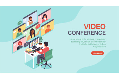 Isometric online conference. Corporate web chat, people group internet