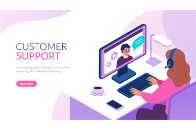 Isometric support service. Remote IT helping, woman with headset in wo