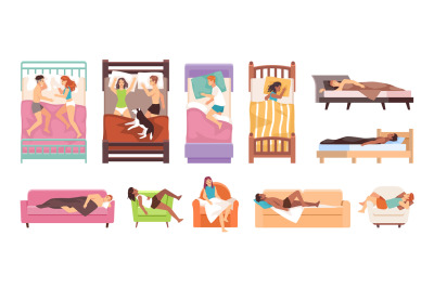 Sleeping people. Happy women and men lying on beds, sofas and armchair