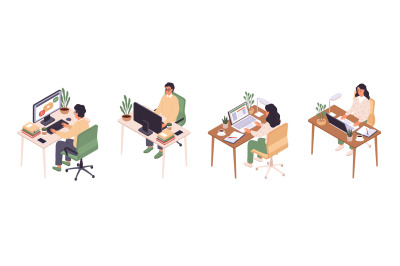 Isometric online education. Man and woman sitting at computer, back an