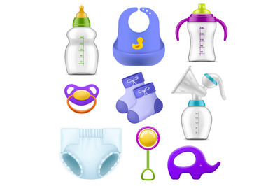 Baby care accessories. Realistic childish isolated items, nutritional