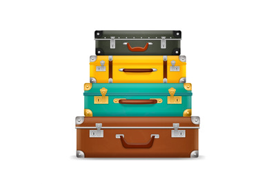 Pile vintage suitcases. Realistic old fashioned colorful briefcases st