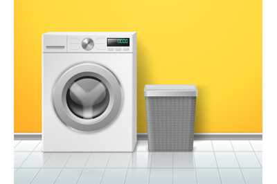 Realistic washing machine. Empty electronic washer, laundry basket in