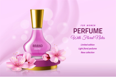 Realistic perfume glass bottle. Women pink luxury sakura essence in el