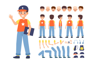 Kid constructor. Boy character various faces, poses and emotions, body