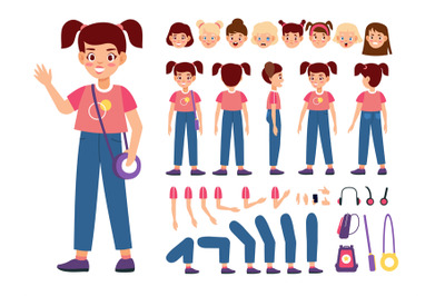 Child constructor. Happy girl with additional body parts and accessori