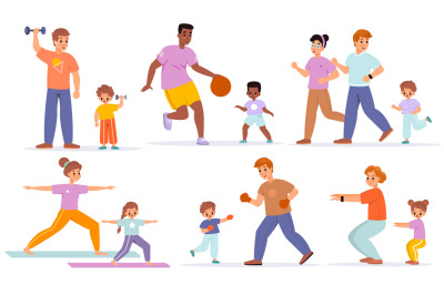 Family sport. Various families activities, adults and kids fitness tra