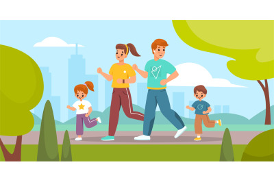 Outdoor sport activity. Happy family on park jogging, parents and chil