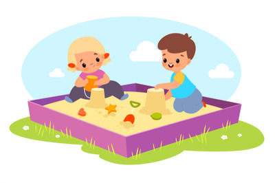 Kids in sandbox. Happy boy and girl play outdoor with sand and toys, c