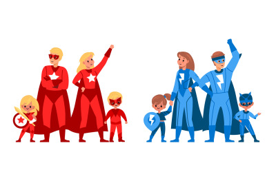 Superhero family. Children and parents in heroes red and blue suits an