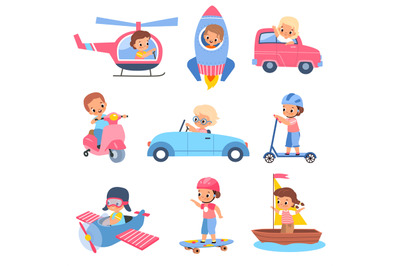 Children drivers. Young happy kids characters in different transport,