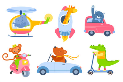 Animal transport. Cartoon kids zoo characters in different vehicles, c