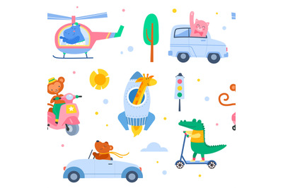 Animal transport seamless pattern. Cute characters in vehicles, baby b