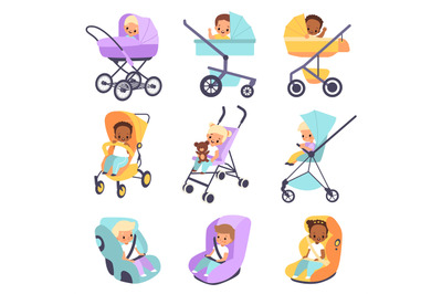 Baby strollers. Cute multiethnic children in buggies and car seats, ki