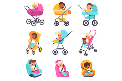 Baby carriage. Children in kids strollers, boys and girls in car seats