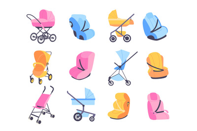 Childish strollers. Different baby buggies and car seats, blue pink an