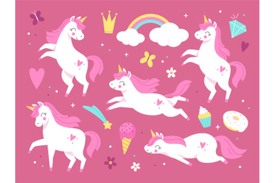 Cute unicorns. Pink beautiful magic pony characters, little girl decor