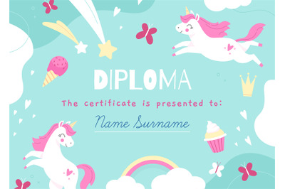 Unicorns frame. Kids diploma template with magic items&2C; fairy creature