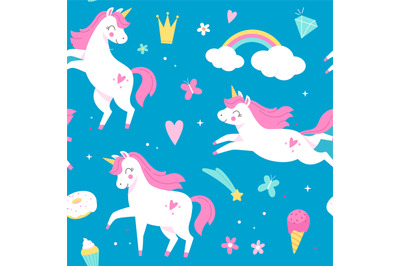 Seamless pattern unicorns. Magical horses&2C; rainbow and ice cream on bl