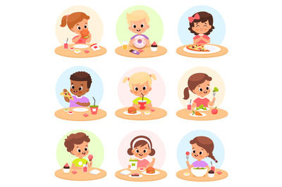 Children eat. Happy kids have lunch separate tables, personal place ca