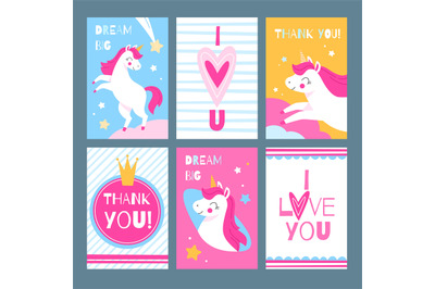 Cute unicorns. Magic animals with greeting text postcards collection&2C;