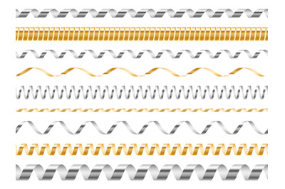 Curled seamless ribbons. Realistic metal foil serpentine borders, fest