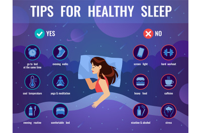 Healthy sleep. Women in bed with tips icons for good sleep, night spac