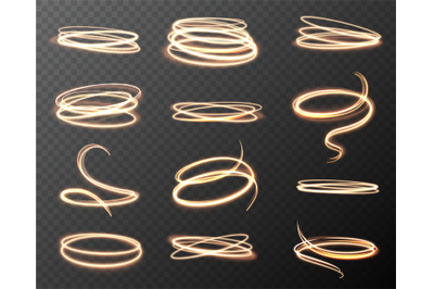 Glowing shiny spirals light effect. Golden luminous spirals, long expo