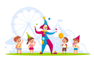 Clown with kids. Cheerful children and funny juggler in carnival costu