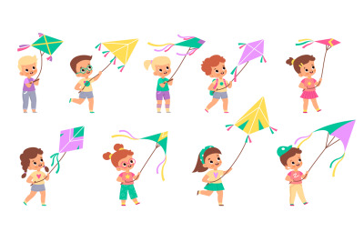 Kids with kites. Happy children fly color kite into sky collection, di