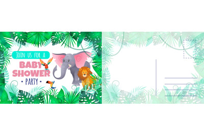 Baby shower party card. Holiday card with cute funny exotic animals an